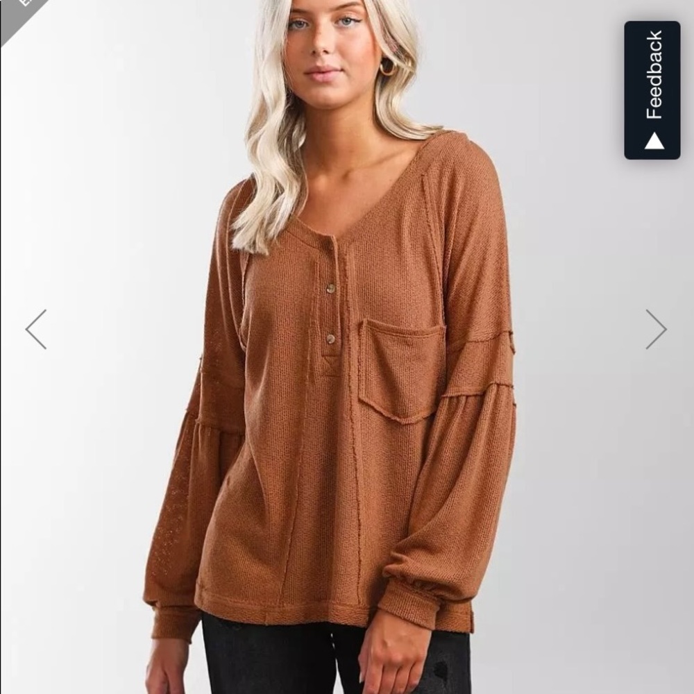BKE raw edge henley knit hoodie
